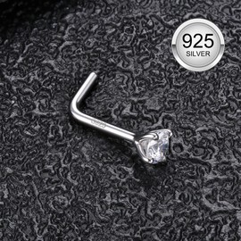 Thunaraz 925 Sterling Silver Nose Studs, 18G L Shaped Nose Rings, Simulated Diamond CZ Hypoallergenic Nose Piercings for Women Men 3MM
