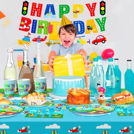 Serves 24 Transportation Birthday Party Supplies Tableware Set Including Car Train Plane Birthday Banner Tablecloth Plates Cups Napkins etc Transportation Theme Party Supplies for Boys Kids Birthday
