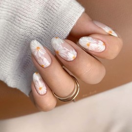 French Tip Press On Nails Fake Nails Medium Short Almond with Nude White Flower Designs Glossy Acrylic False Nails Glue on Nails Full Cover Thick Stick on Nails for Women Girls 24Pcs TY-33