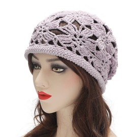 ZLYC Women Cotton Crochet Slouchy Beanie Hat Handmade Knit Cutout Summer Floral Skull Cap, Crochet Purple, One Size