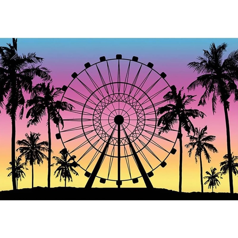 9x6ft Ferris Wheel Backdrop Sunset Seaside Palm Tree Silhouette Photography