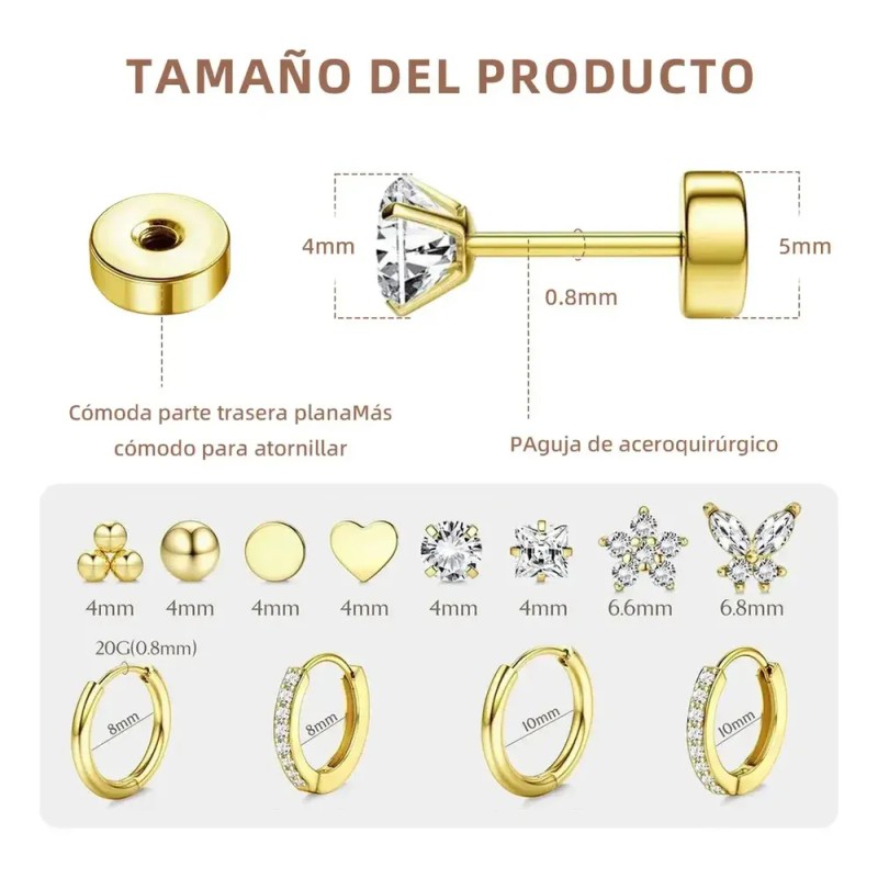 12pare Aretes De Acero quirúrgico Mujer Arracadas Piercing Cartílago AGEDBAFCH