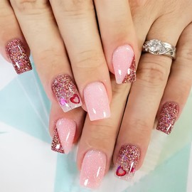 24Pcs Valentines Day Press on Nails Short Square French Tip Fake Nails Red Pink Heart Nail Sequins Glitter Full Cover Stick on Nails Artificial Reusable Nude Pink False Nails for Women Acrylic Nails