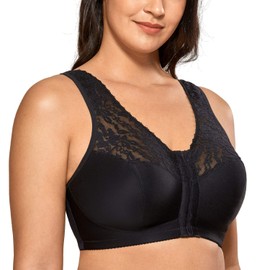 Delimira Women's Front Fastening Bras Lace Wireless Plus Size Full Coverage Racerback Support Bra Black 34E