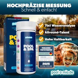 poolomio Pool Test Strips 7-in-1, Pack of 150 | Pool Tester for Swimming Pool, Hot Tub, Spa & Pond, Water Tester for pH Value, Water Hardness, Free & Total Chlorine, Bromine, Alkalinity, Cyanic Acid |