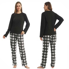 YUSHOW Matching Pjs for Couples,Plaid Pajama Set for Women and Men Soft Warm Fleece Shirt and Pants Sleepwear Set, White Black Plaid, Small