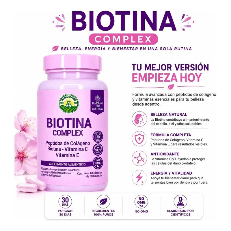 Biotina Pasiguaro Vitaminas Y Colágeno 60 Caps Belleza