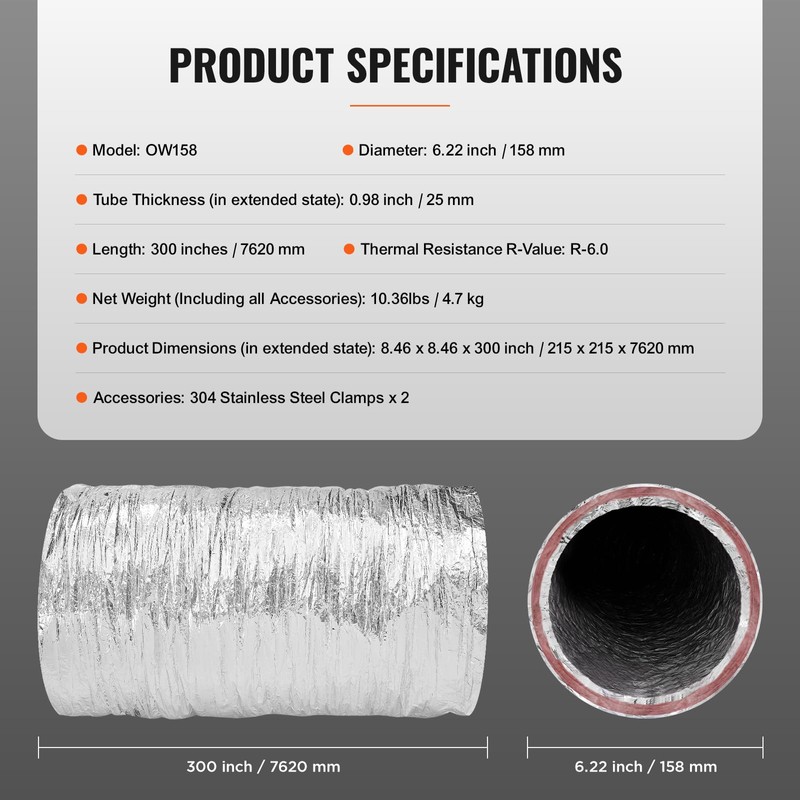 VEVOR 6 Inch Insulated Flexible Duct R-6.0，25 Feet Long with