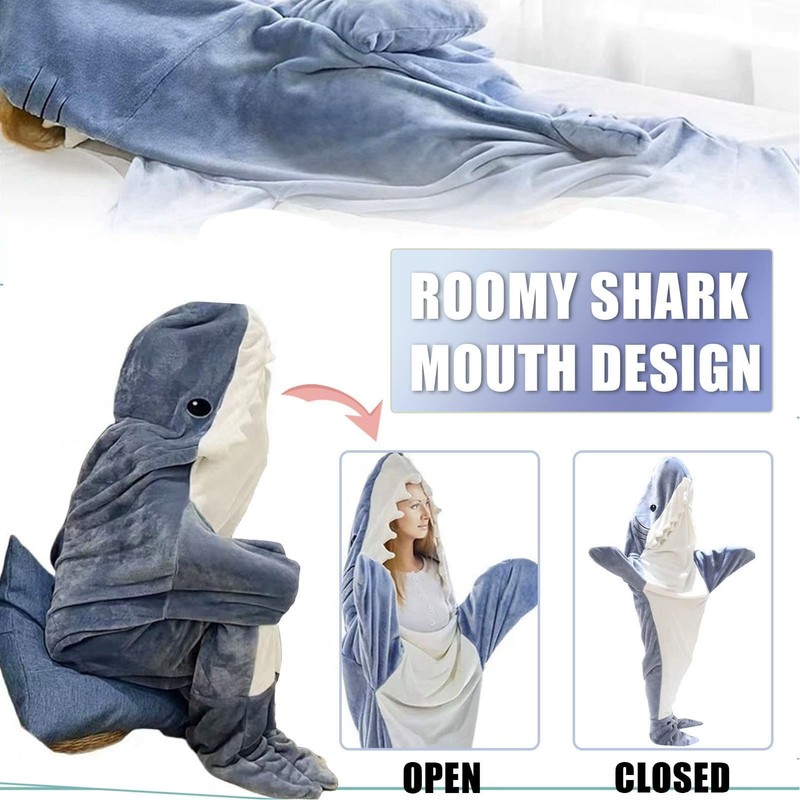 Wearable Shark Sleeping Bag Soft Cozy Flannel Hooded Blanket for