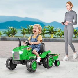 Costzon 2-in-1 Ride On Tractor, 12V Kids Ride on Car w/Detachable Trailer, Remote Control, Wireless Connection, Horn, Music, Lights, Spring Suspensions, Tractor Toys for Kids 3-8 (Green)