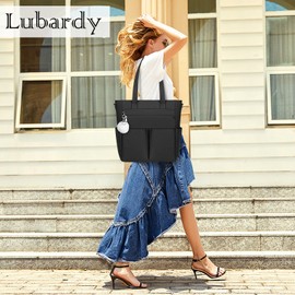 Lubardy Bolsa Tote de Mujer con Pompón, Bolsa de Lona Mujer, Bolsa Tote Bag Grande Impermeable, Bolso de Mano para Mujer, Bolsa Bandolera para Laptop 15.6 Pulgadas, Universidad, Trabajar, Viaje Negro