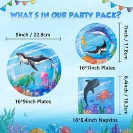 WERNNSAI Ocean Party Plates and Napkins Set - 48 Pcs Ocean Theme Party Decorations for Boys Kids Under the Sea Party Tableware Set for 16 Guests Sea Animal Underwater Birthday Baby Party Supplies