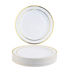 MATANA 50 premium white plastic dessert plates, small party plates with gold rim, 19 cm, elegant, stable and reusable, weddings, birthdays, christenings, Christmas, barbecue parties, parties