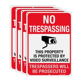 T&R Large No Trespassing This Property Is Protected By Video Surveillance Trespassers Will Be Prosecuted Metal Sign - 14 x 10 InchesRust Free .040 Aluminum Reflective, Weather Resistant, Waterproof, Fade Resistant, 6 Pre-drilled Holes - 4 Pack