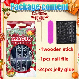 Christmas Press on Nail Black Long Coffin Square Fake Nails White Snowflake Designs Matte False Nails Full Cover Stick on Nails with Glue on Artificial Nails Acrylic Nail Art Decoration for Women