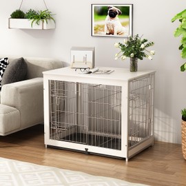 Piskyet Wooden Dog Crate Furniture with Divider Panel, Dog Crate End Table with Fixable Slide Tray, Double Doors Dog Kennel Indoor for Dogs(M:31.8" L*22.1" W*26.3" H,White)