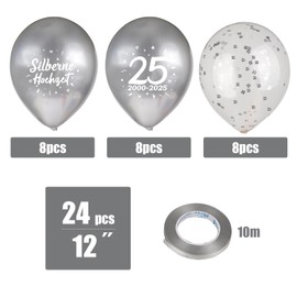 MEJOSER Pack of 24 Silver Wedding Decoration Balloons Silver Wedding Balloons 12 Inch Latex 25th Anniversary Gifts Party Number 25