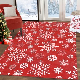GarveeHome Living Room Rug 5x7 Rug Washable Rug Christmas Snowflake Modern Red Rug Xmas Rug for Bedroom Decor Non Slip Carpet Holiday Decor Soft Stain Resistant Carpet for Dining Room 5'x7' Red