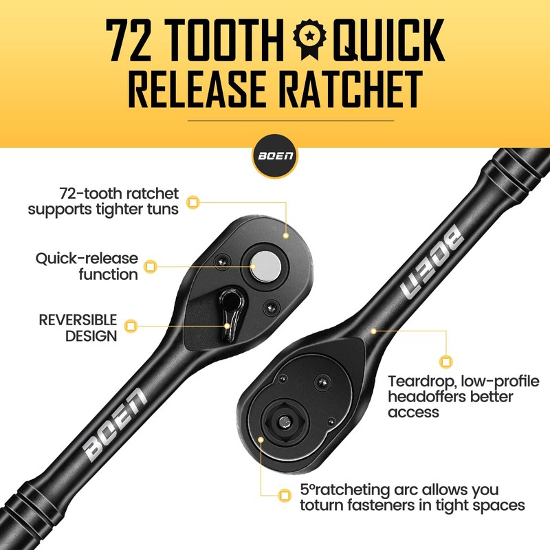 boen 3/8 Inch Drive Ratchet, 72-Tooth Quick-Release Ratchet Wrench, 5-Degree