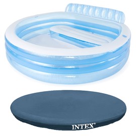 Intex Swim Center Inflatable Above Ground Outdoor Round Family Swimming Pool with Built-in Relaxing Bench, Cupholders & Secure Vinyl Pool Cover, Blue