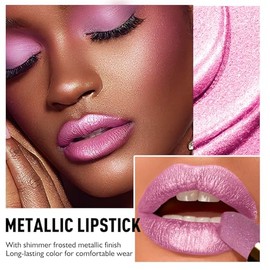 Lápiz labial rosa para mujer con brillo metálico, barra de labios de larga duración, con purpurina, hidratante, ligero, cobertura completa, maquillaje