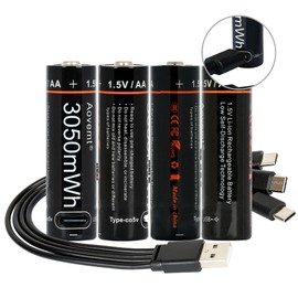 Aovemt AA Battery, Lithium Batteries aa 1.5V/3050mWh, High Capacity with Micro USB Cable, 1 Hours Flash Charge Over 1200 Cycles, USB Rechargeable AA Batteries 4 Packs