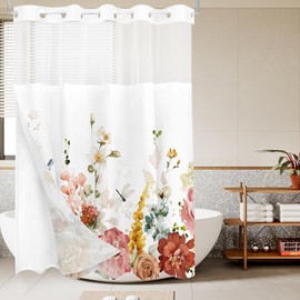 Tititex No Hooks Snap in Liner Aesthetic Blooming Yellow Flowers Leaves Shower Curtain Sets, Hotel Luxury Double Layers Waterproof Fabric & See-Through Top Window Bathroom Decorative 60x72 Inch