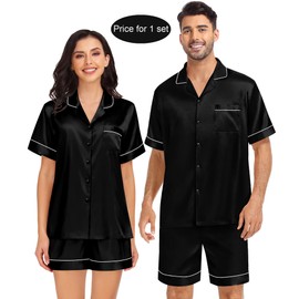 SWOMOG Couples Pajamas Matching Sets Silk Pj Set Sleep Sets for Women Button Down Pajamas Sleep Shorts Summer Lounge Sets Black