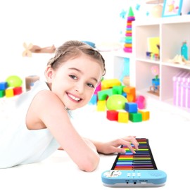 PicassoTiles Electronic Piano 49Key Flexible Roll-Up Keyboard with Recording Feature 8 Tones 6 Demo Songs Built-in Speaker Educational Music Toy for Kids Toddlers Boys Girls Rainbow Color Design PT49