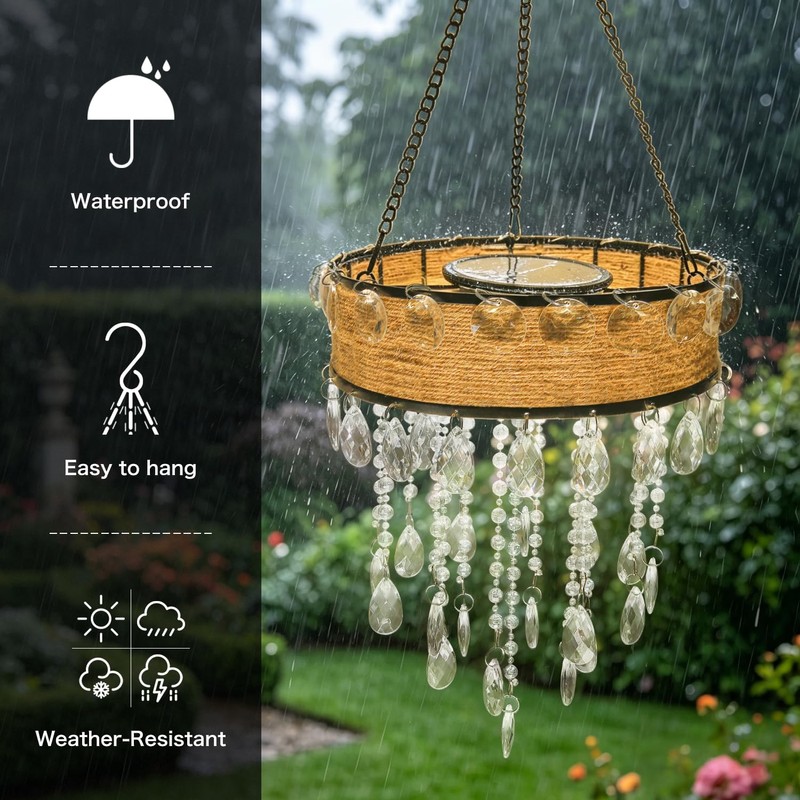 Solar Outdoor Hanging Chandelier, Waterproof Rustic Rattan Hanging Light with