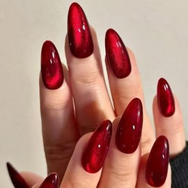 Pack of 24 Stick-On Nails Almond, French Press On Nails Red Cat Eye Glitter Artificial Fingernails for Gluing, Plain Artificial Nails Acrylic Full Cover False Nails for Women Nail Art