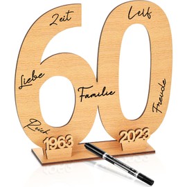 60 Wood Sign Guest Book 60th Birthday Wooden Freestanding Signature Number Keepsake Numbers 60 Years Guestbooks Freestanding Year Number Signs Plaques with Pen for Anniversary Birthday Men Women