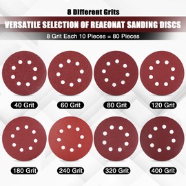 80Pcs 125mm Sanding Discs, Hook and Loop 10 x 40/60/80/120/180/240/320/400 Mixed Grits, 8 Hole 5 Inch Round Sanding Discs Pads for Random Orbital Sander