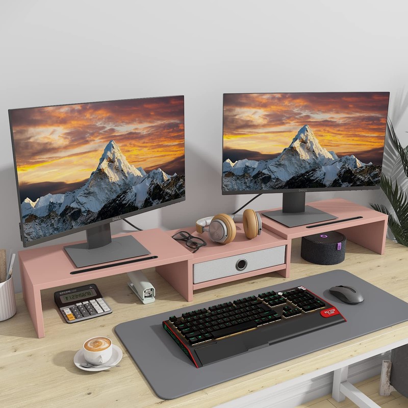 WESTREE Dual 3 Shelf Computer Riser with Drawer, Adjustable Length