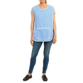 ER Direct Womens Home Work Kitchen Catering Cleaning Bar Plus Size Plain Printed Coloured Large Pocket Side Fastening Tabard Apron (Gingham-Blue, XL)