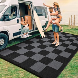 Outdoor Patio Rug 10x14 Large Waterproof Plastic Straw Camping Rug Reversible Stain Resistant Modern Checkered Carpet UV Resistant Foldable Mat for RV, Porch, Backyard, Black & Gray