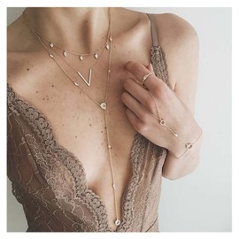 Andelaisi Boho Chevron V Pendant Necklace Chain Tiny Leaf Dangle Choker Necklace Layered Rhinestone Necklace Chain Round Crystal Y Drop Necklace Jewelry for Women