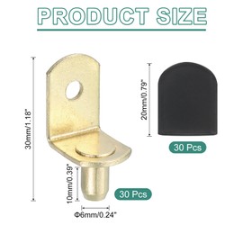 sourcing map 30Pcs Shelf Support Pegs, 6mm L-Shaped Bracket Style Shelf Pegs Pegs with Rubber Sleeve, Metal Support Pegs Holder for Kitchen Cabinet Bookcase (Gold, Black)