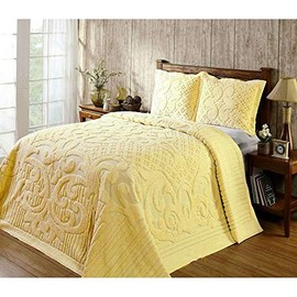 HNU 1 Piece Oversized Yellow Chenille Bedspread Elegant Solid Color Western Tufted Floral Medallion Motif 81 X 110 Bedspreads Twin 100 Percent Cotton Old Fashioned Traditional Extra Long Bedding