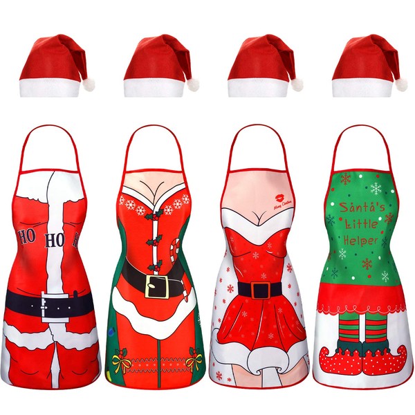 Syhood 8 Pieces Christmas Kitchen Aprons Santa Hat Set Include 4 Pieces Xmas Cooking Aprons 4 Pieces Red Santa Hats for Christmas Costume Supplies