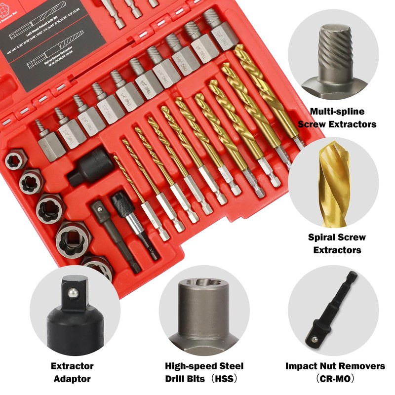 UYECOVE 33Pcs Screw Bolt Extractor Set Hex Head Multi-Spline, Left