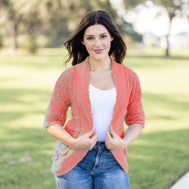 Loxdonz Women's Short Sleeve Crochet Knitted Bolero Shrug Cardigan Cropped Sweater (Medium, Coral)