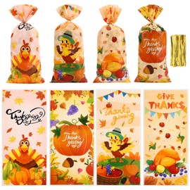 100 PCS Fall Treat Bags(5.1x10.6 Inch) with Ties Thankgiving Turkey Goodie Candy Gifts Bags Bulk Autumn Pouches for Thanksgiving Home Party Favors Supplies Decorations Friendsgiving Cellophane Bag