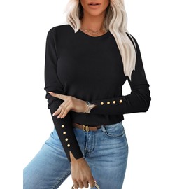 ANRABESS Sweaters for Women Long Sleeve Crewneck Fitted Business Casual Pullover Tops 2025 Fall Outfits with Button Cuff Black Medium