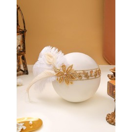 Formery Flapper Headband White Feather 1920s Headpiece Beaded Gatsby Hair Accessories for Women