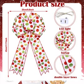2 Pcs LED Christmas Wreath Bow 18 x 10 Inch Christmas Tree Topper Decor Bows Large Xmas Light Bows Red Green Bow Ornaments for Wall Indoor Outdoor Party Decoration (Cute Style)