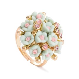 IMINI Cute CZ Clay Flower Statement Ring for Women Girls Bridals Gold Plated Expandable Colorful Cherry Daisy Clusters Open Wrap Finger Rings Comfort Fit Lovely Engagement Party Jewelry Gifts (Green)
