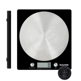 Salter Digital Kitchen Weighing Scales – As Seen on The Great British Bake Off, Stylish Slim Design Electronic Cooking Scale for Home + Kitchen, Weigh Food 5000g + Liquids in ml and fl. Oz. – Black