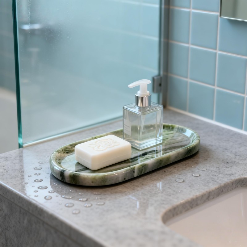 Green Marble Vanity Tray 9.8", Natural Stone Organizer for Bathroom
