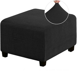 Square Ottoman Cover Stretchy Thick Soft Jacquard Fabric Footstool Protector Covers Removable Non-Slip Furniture Protector Storage Footstool Black M